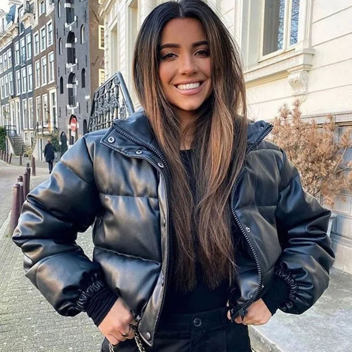 Women's Cropped Faux Leather Quilted Puffer Jacket - Black