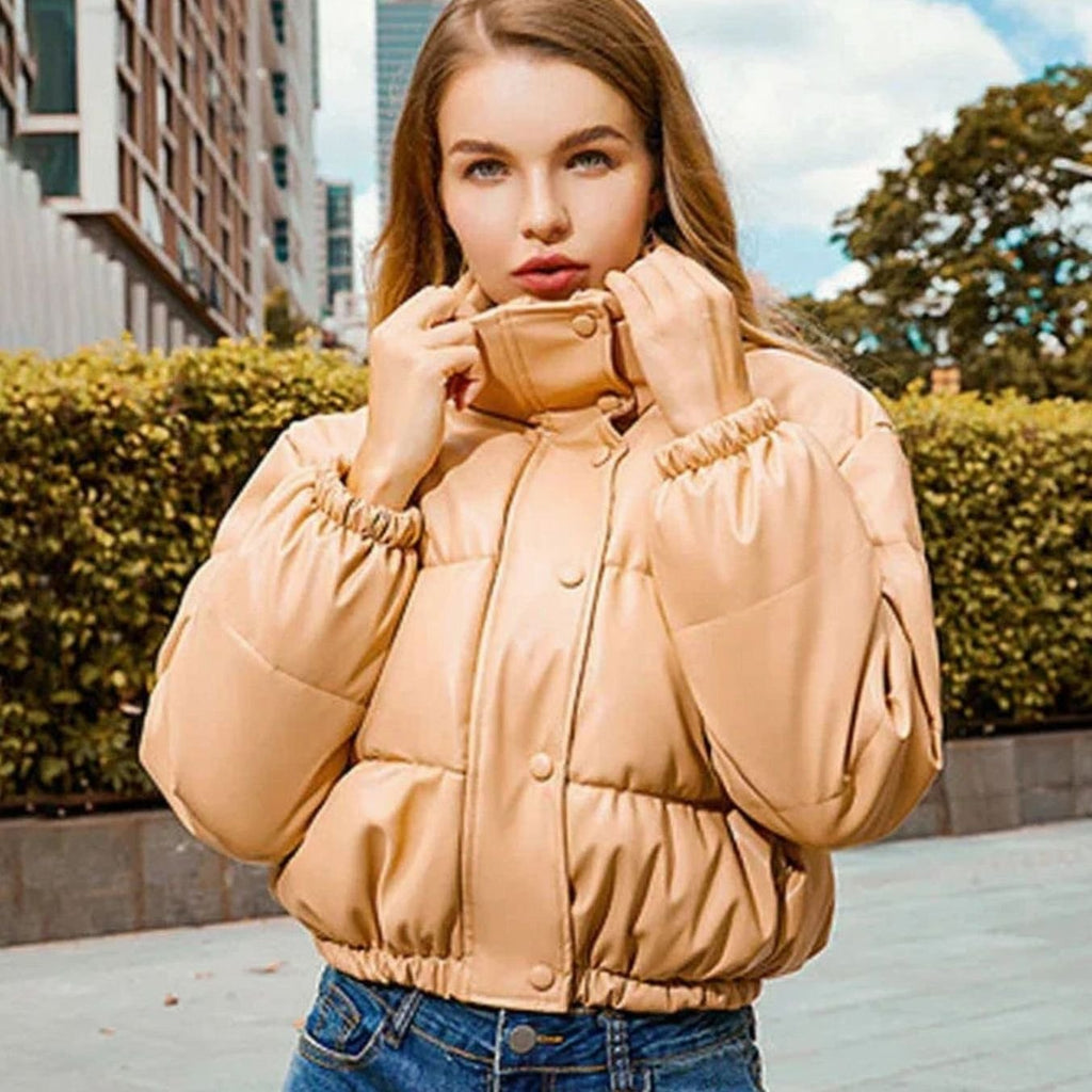 Women's Cropped Faux Leather Quilted Puffer Jacket