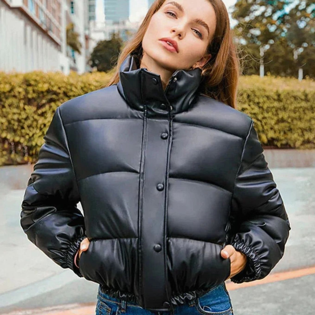 Women's Cropped Faux Leather Quilted Puffer Jacket