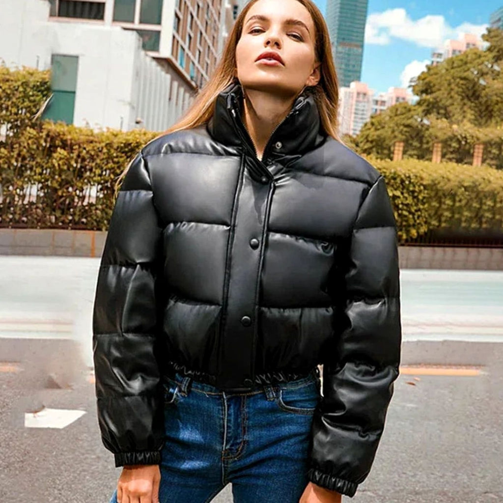 Women's Cropped Faux Leather Quilted Puffer Jacket