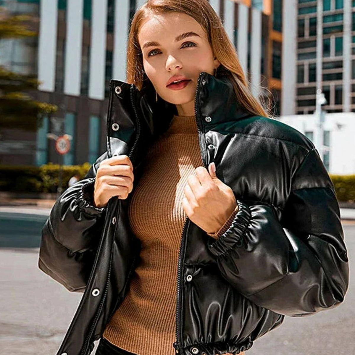 Women's Cropped Faux Leather Quilted Puffer Jacket