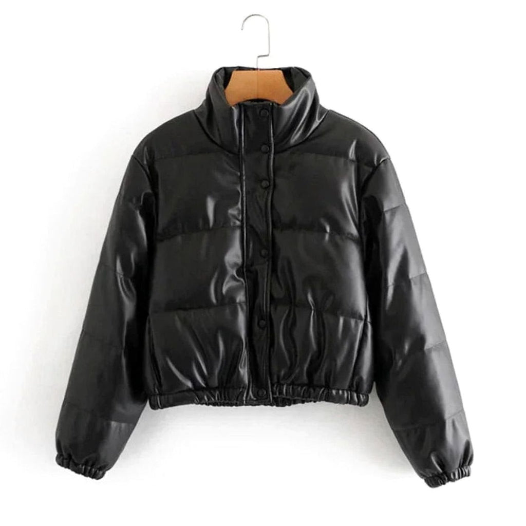 Women's Cropped Faux Leather Quilted Puffer Jacket