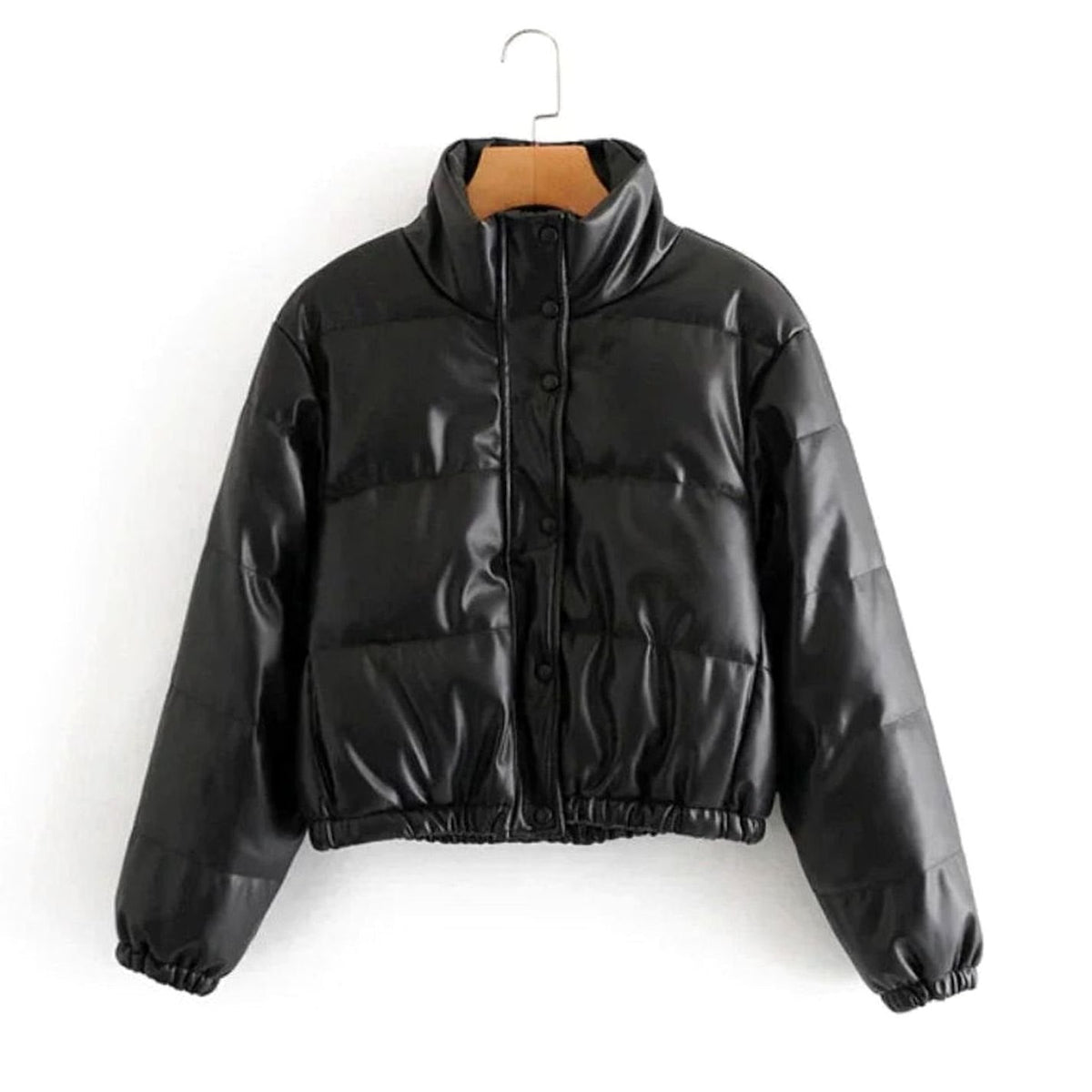 Women's Cropped Faux Leather Quilted Puffer Jacket
