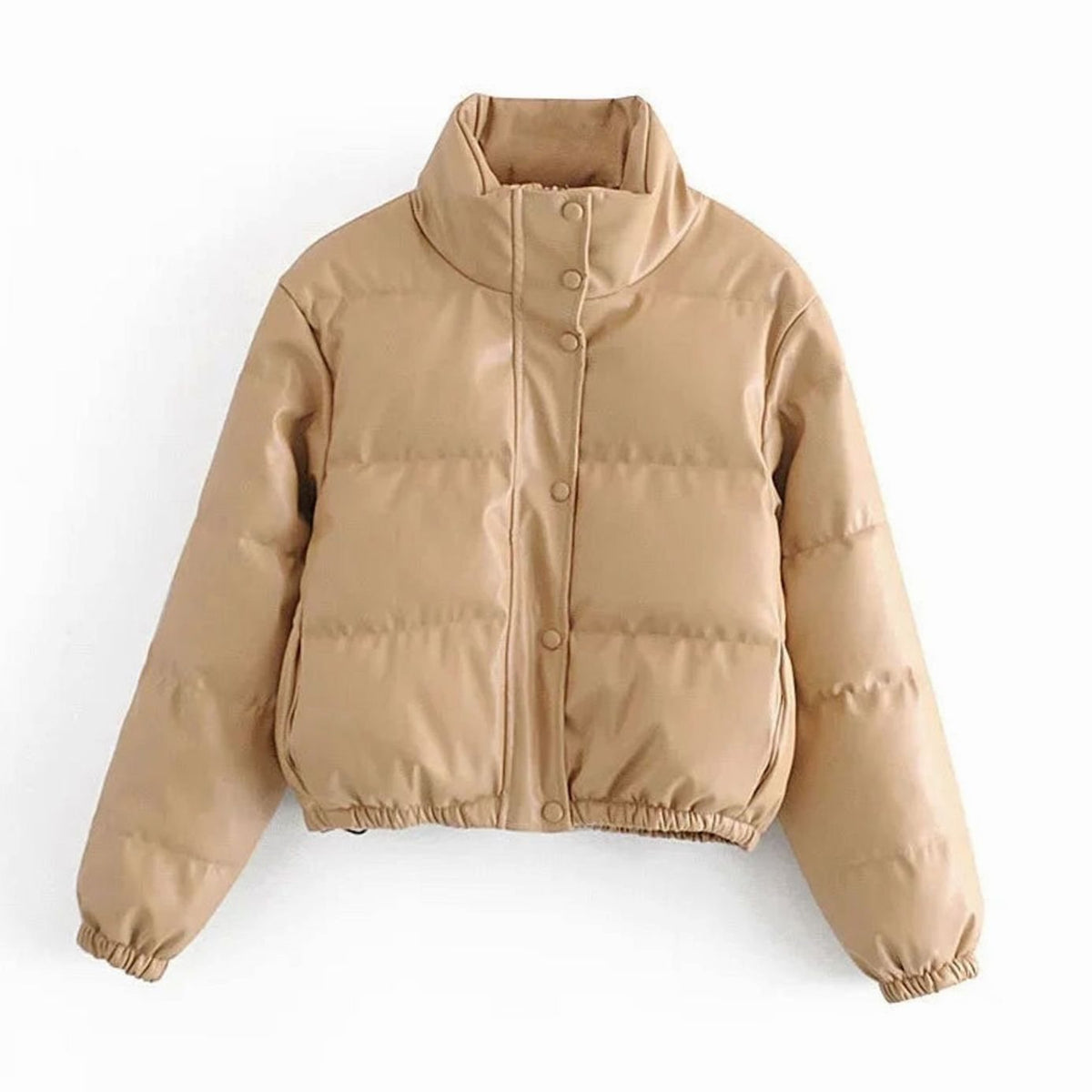 Women's Cropped Faux Leather Quilted Puffer Jacket