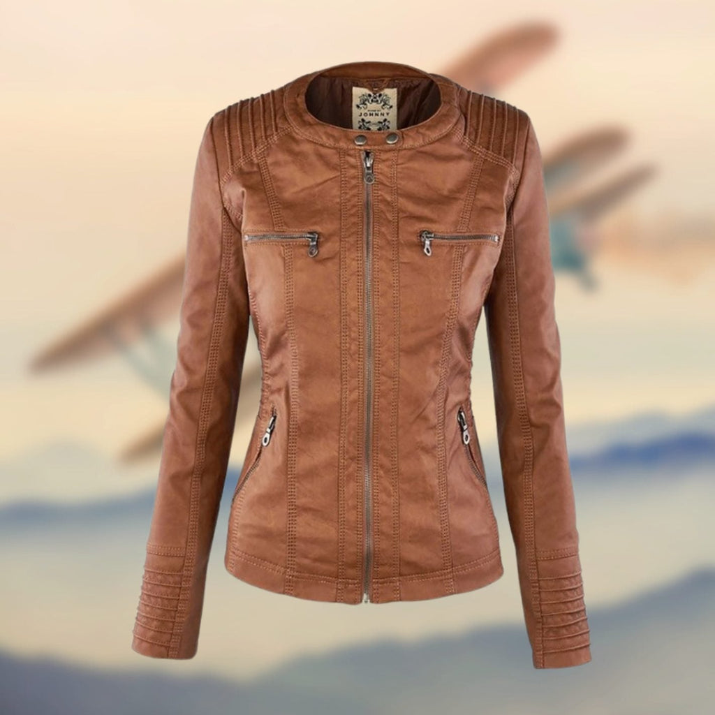 Women's Fitted Faux Leather Biker Jacket with Ribbed Shoulders - Gold