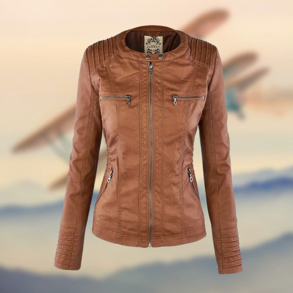Women's Fitted Faux Leather Biker Jacket with Ribbed Shoulders - Gold