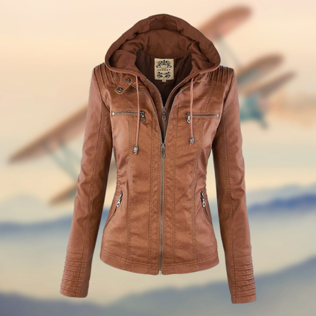 Women's Fitted Faux Leather Biker Jacket with Ribbed Shoulders