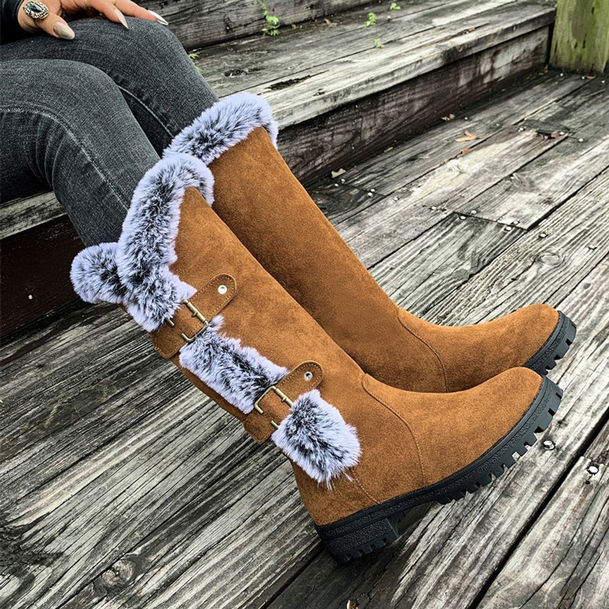 Women's Faux-Suede Fur-Trim Buckle Knee High Boots
