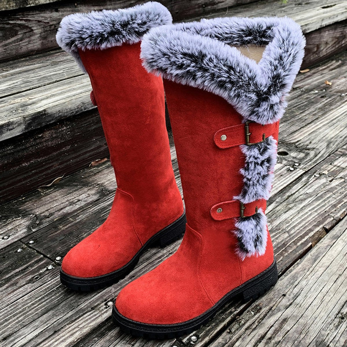 Women's Faux-Suede Fur-Trim Buckle Knee High Boots