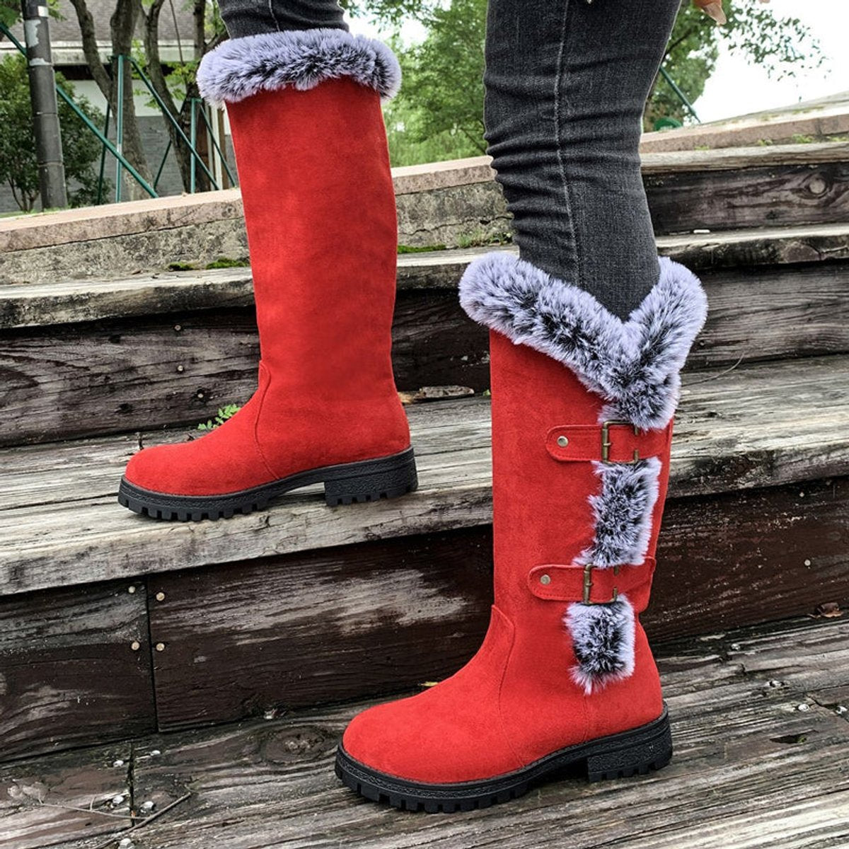 Women's Faux-Suede Fur-Trim Buckle Knee High Boots