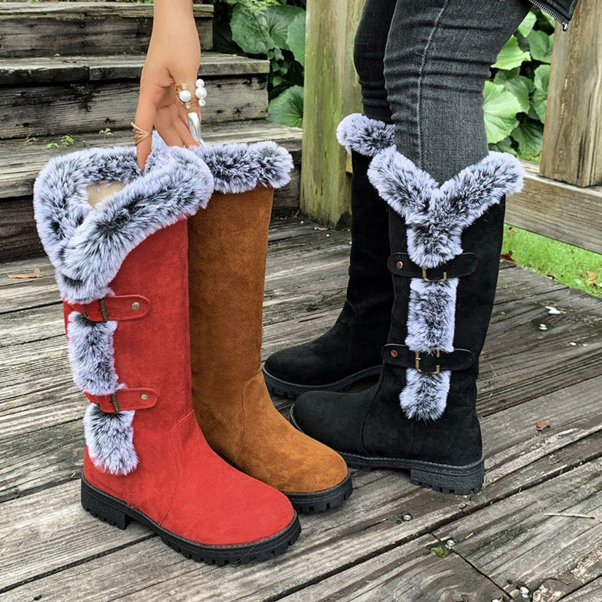 Women's Faux-Suede Fur-Trim Buckle Knee High Boots