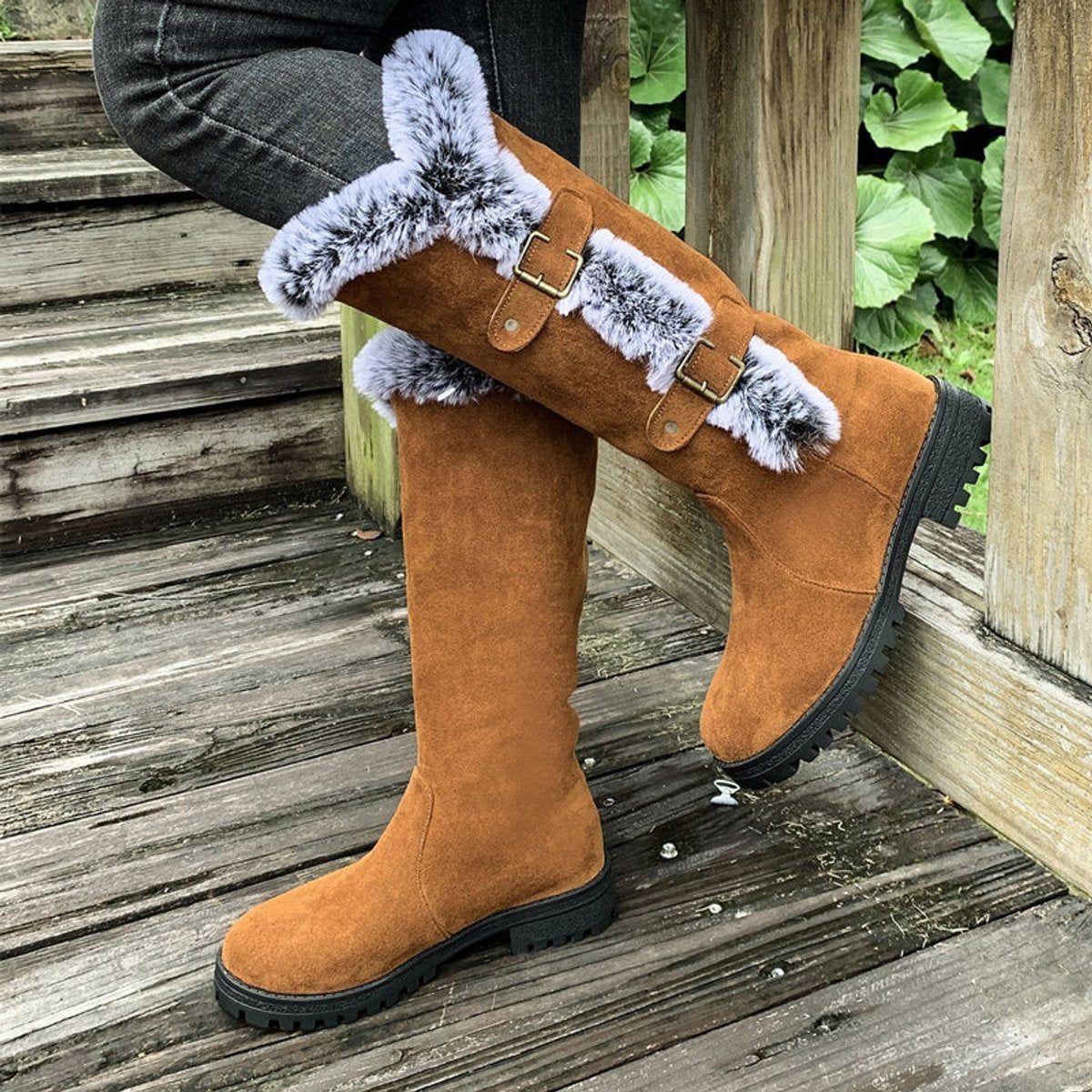 Women's Faux-Suede Fur-Trim Buckle Knee High Boots