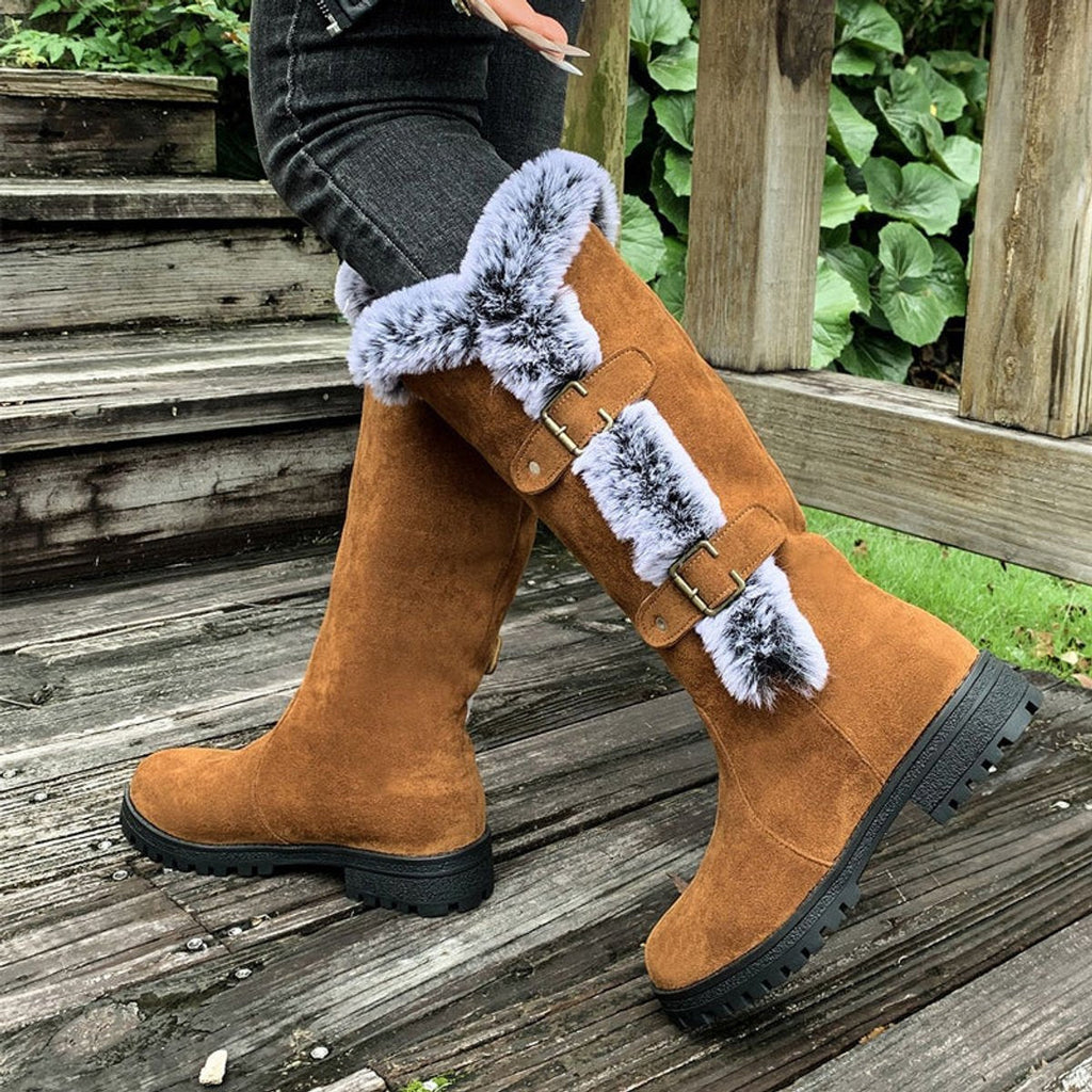 Women's Faux-Suede Fur-Trim Buckle Knee High Boots