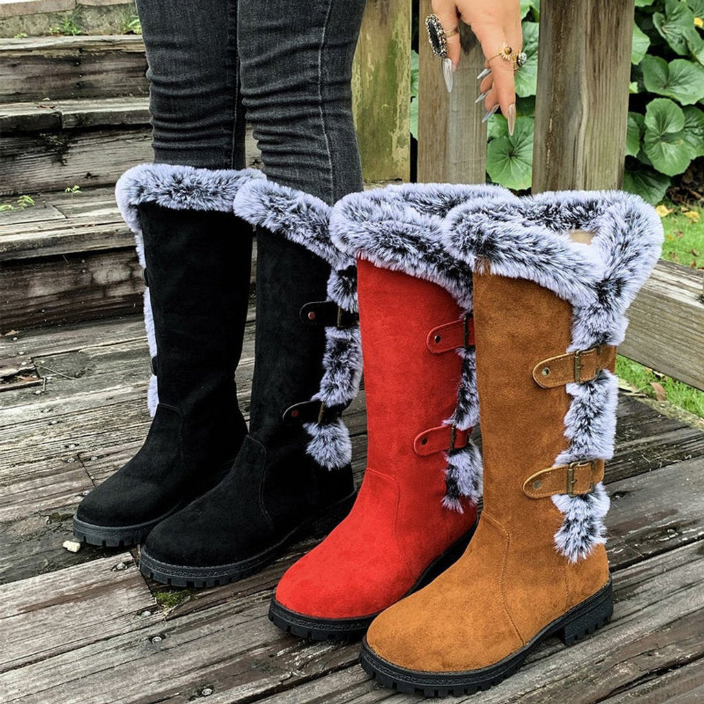 Women's Faux-Suede Fur-Trim Buckle Knee High Boots