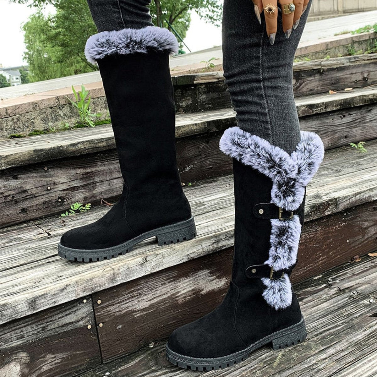 Women's Faux-Suede Fur-Trim Buckle Knee High Boots