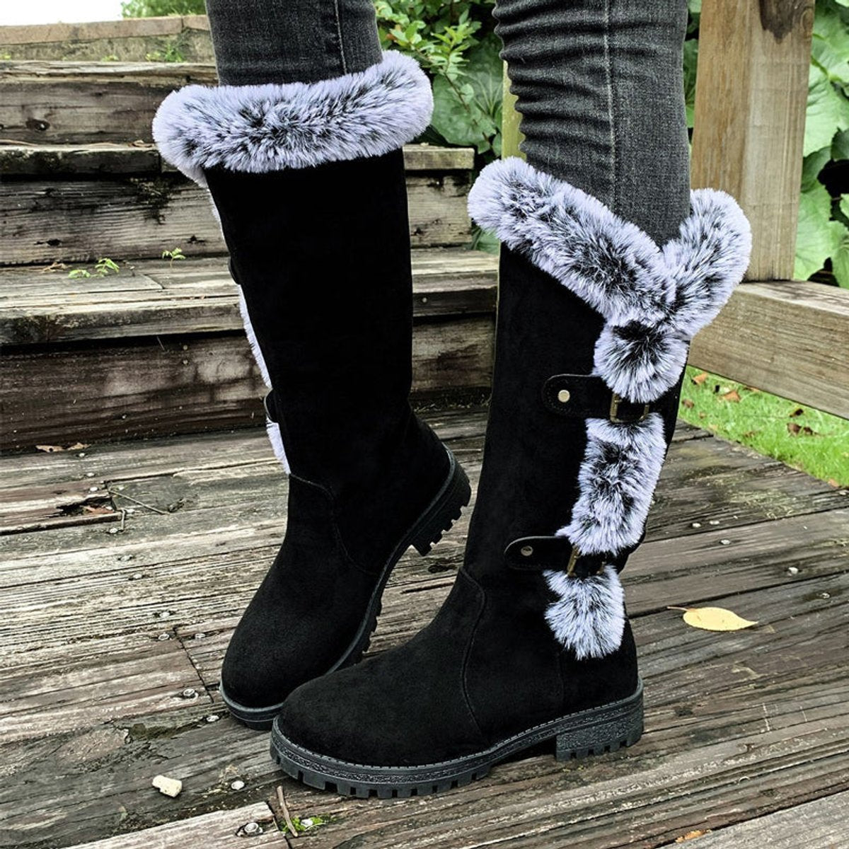 Women's Faux-Suede Fur-Trim Buckle Knee High Boots