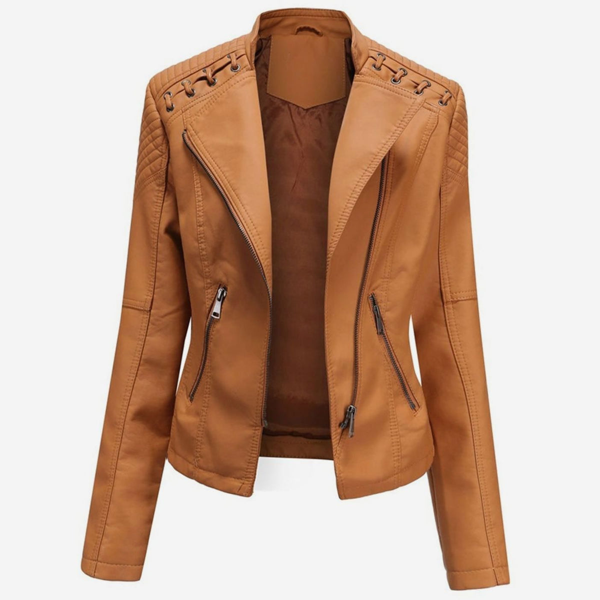Women's Fitted Faux Leather Asymmetric-Zip Moto Jacket - Camel