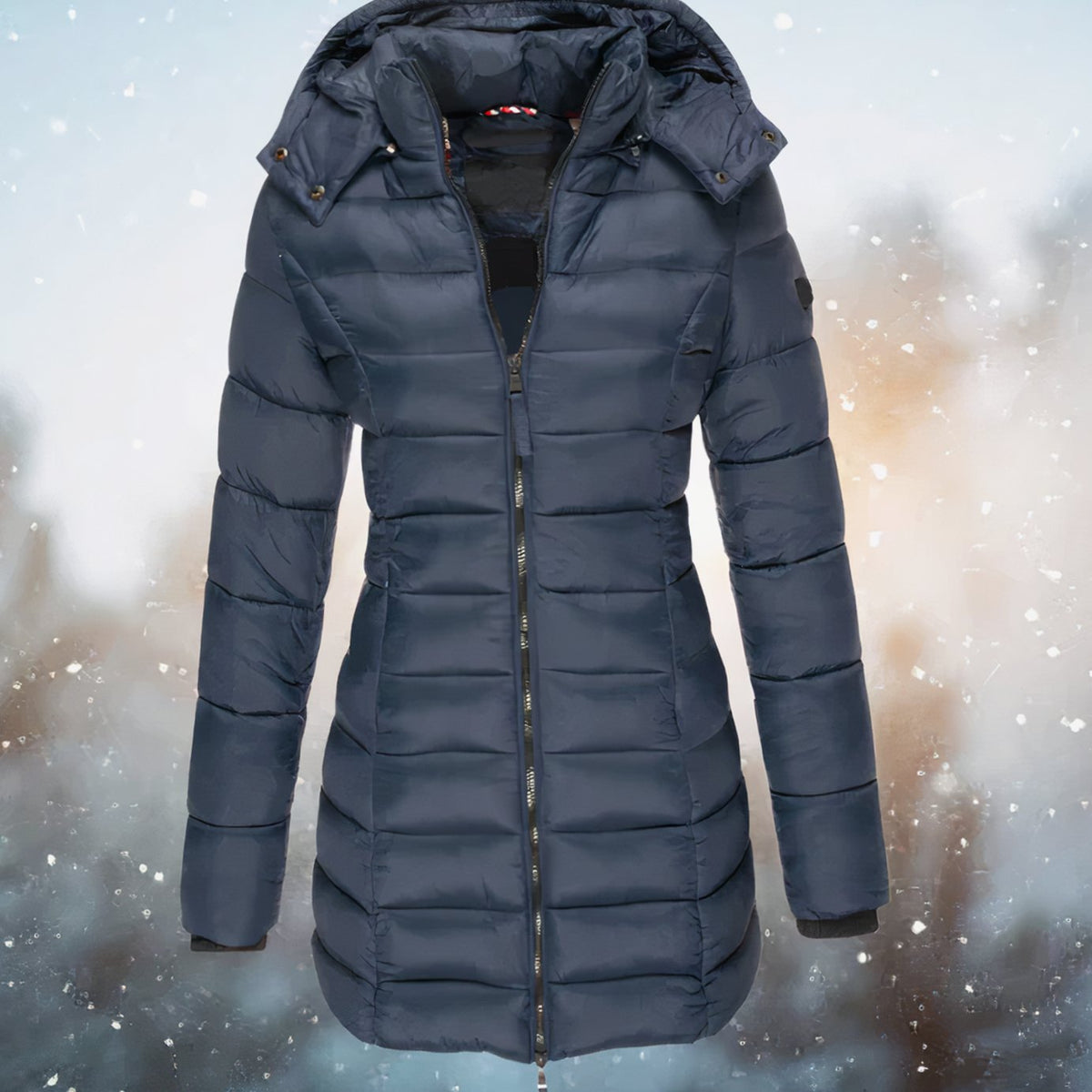 Women's Fitted Long Quilted Puffer Coat with Removable Hood - Navy