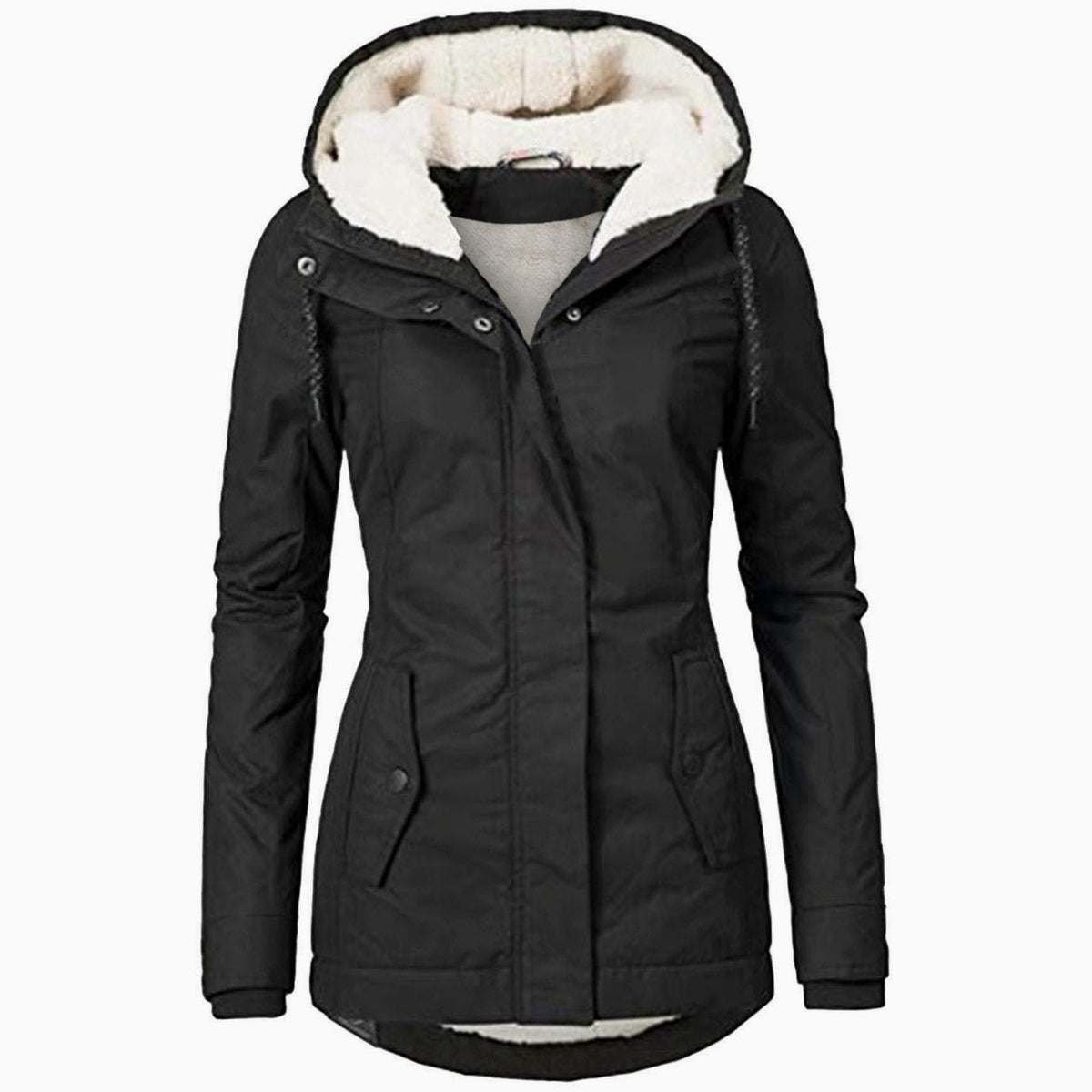 Women's Sherpa-Lined Drawstring Hood Winter Parka - Black