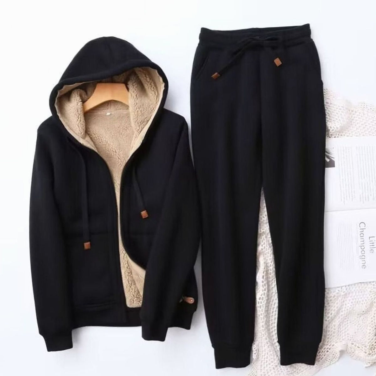 Women's Sherpa-Lined Hoodie and Jogger Set - Black