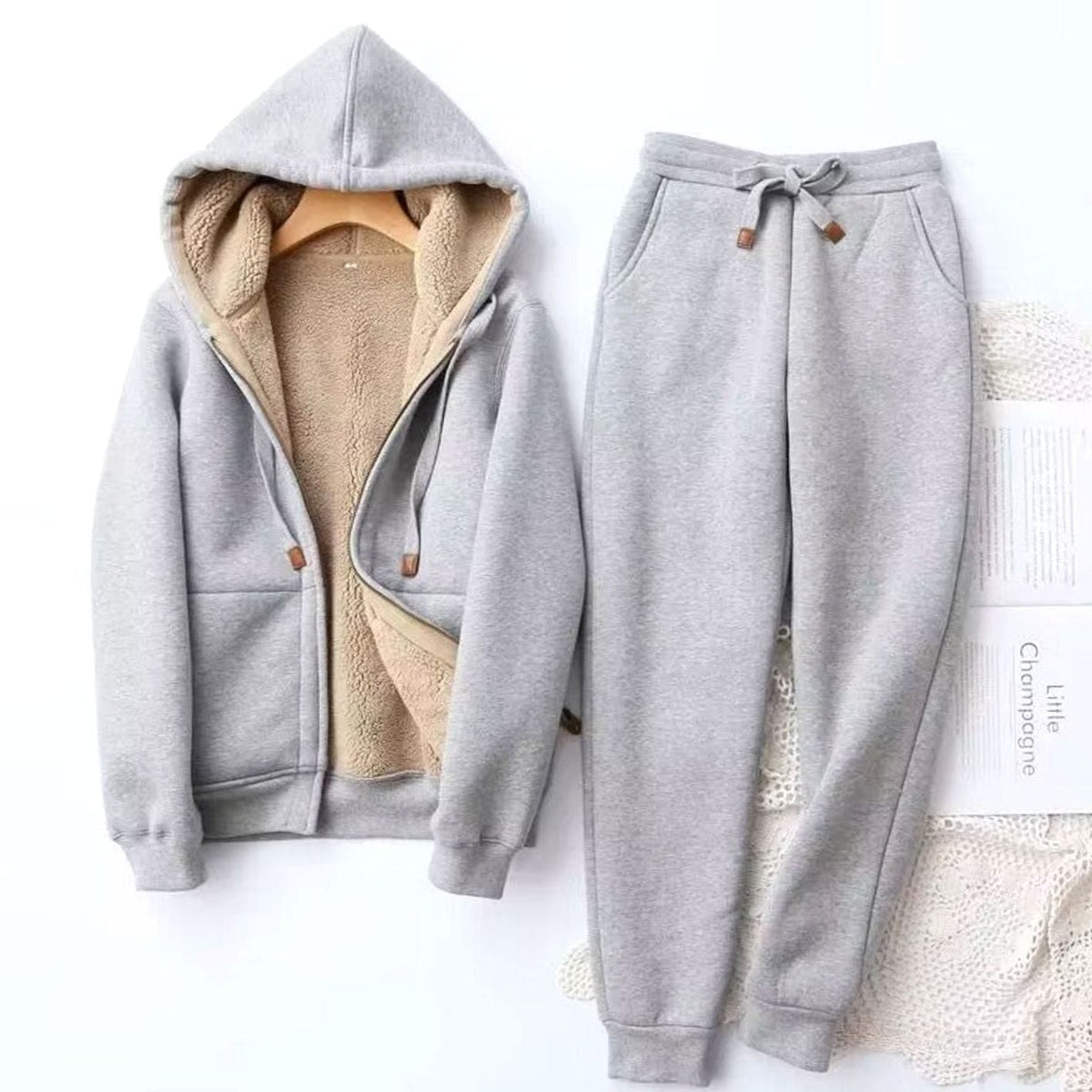 Women's Sherpa-Lined Hoodie and Jogger Set - Gray
