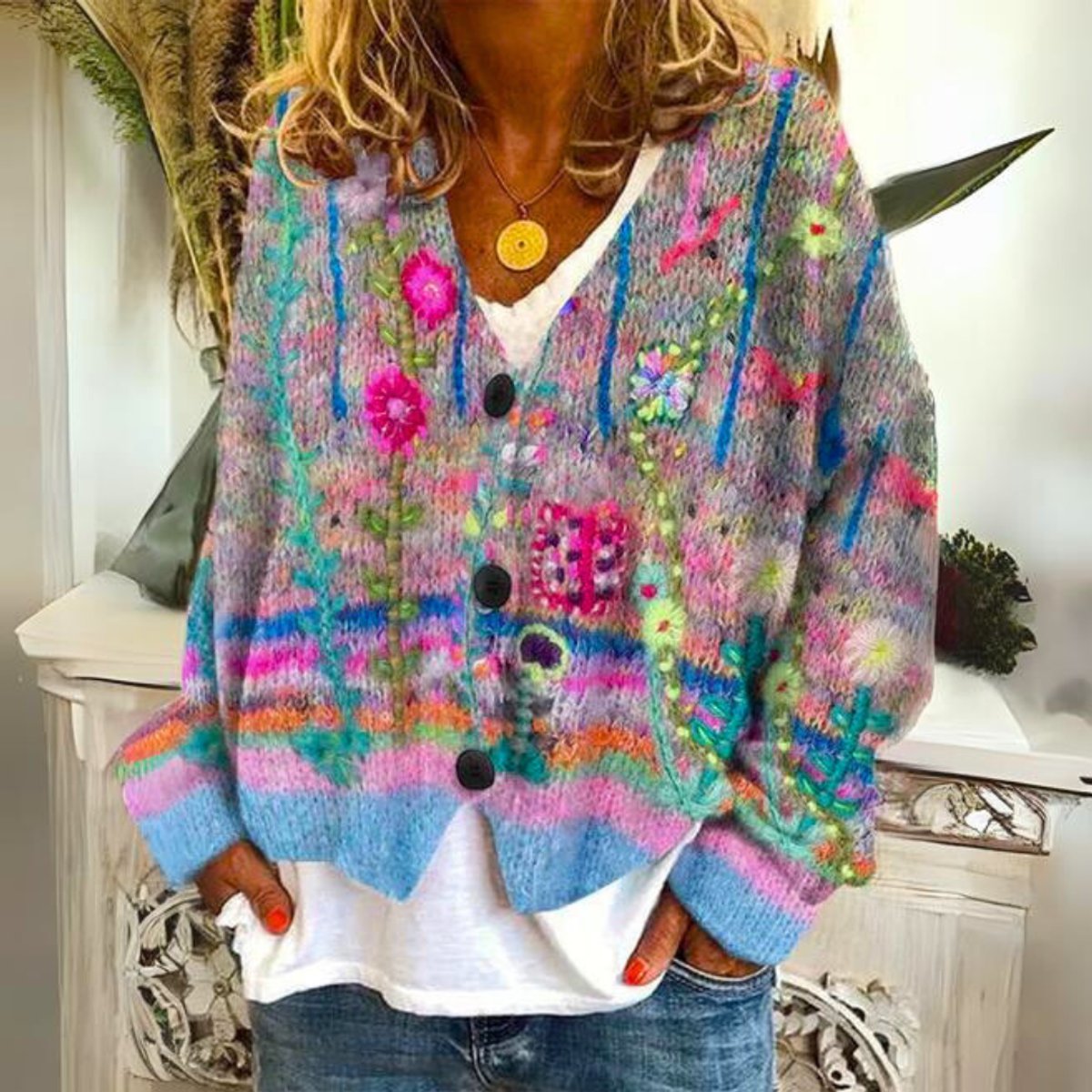 Women's Floral Embroidered Button-Front Cardigan