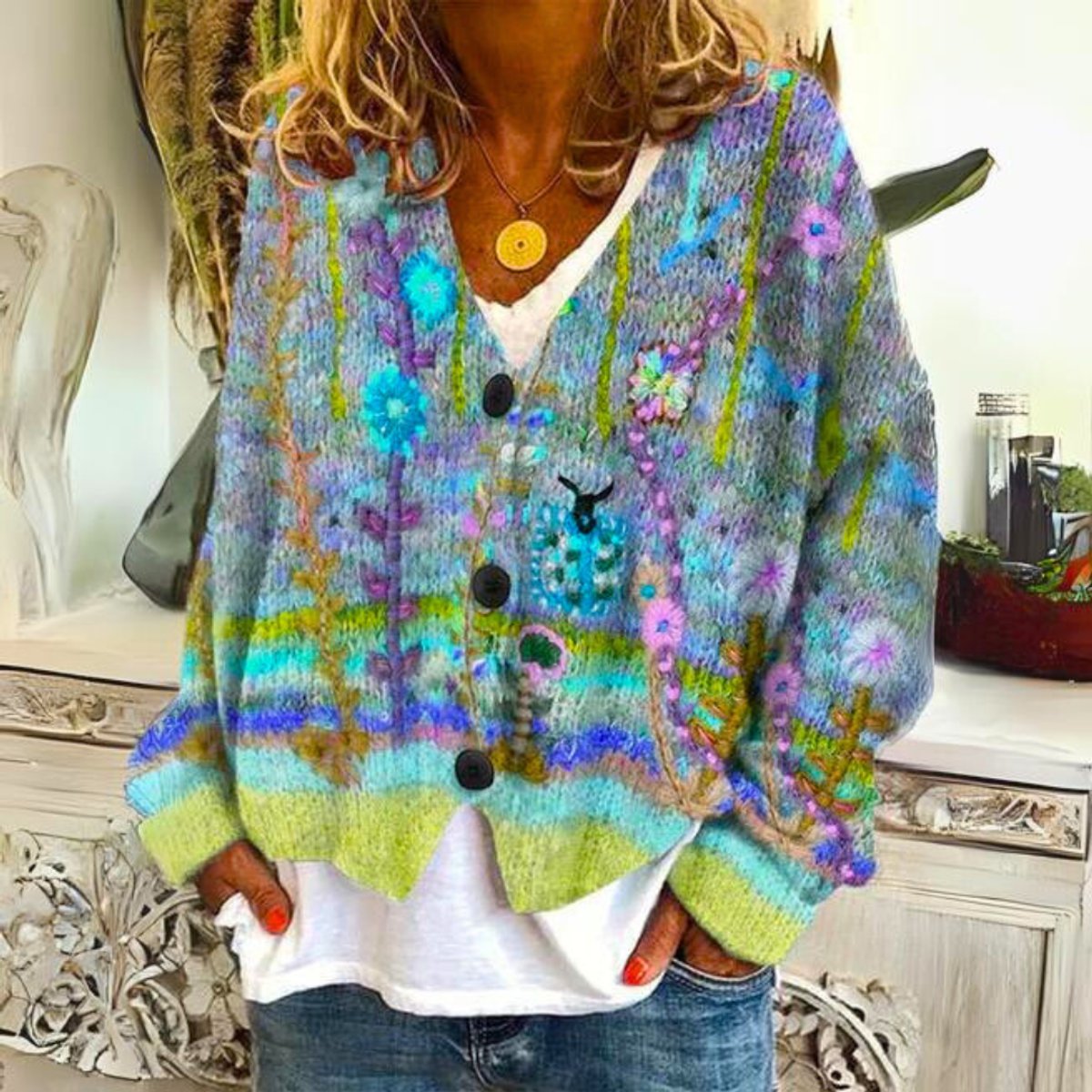 Women's Floral Embroidered Button-Front Cardigan - Green