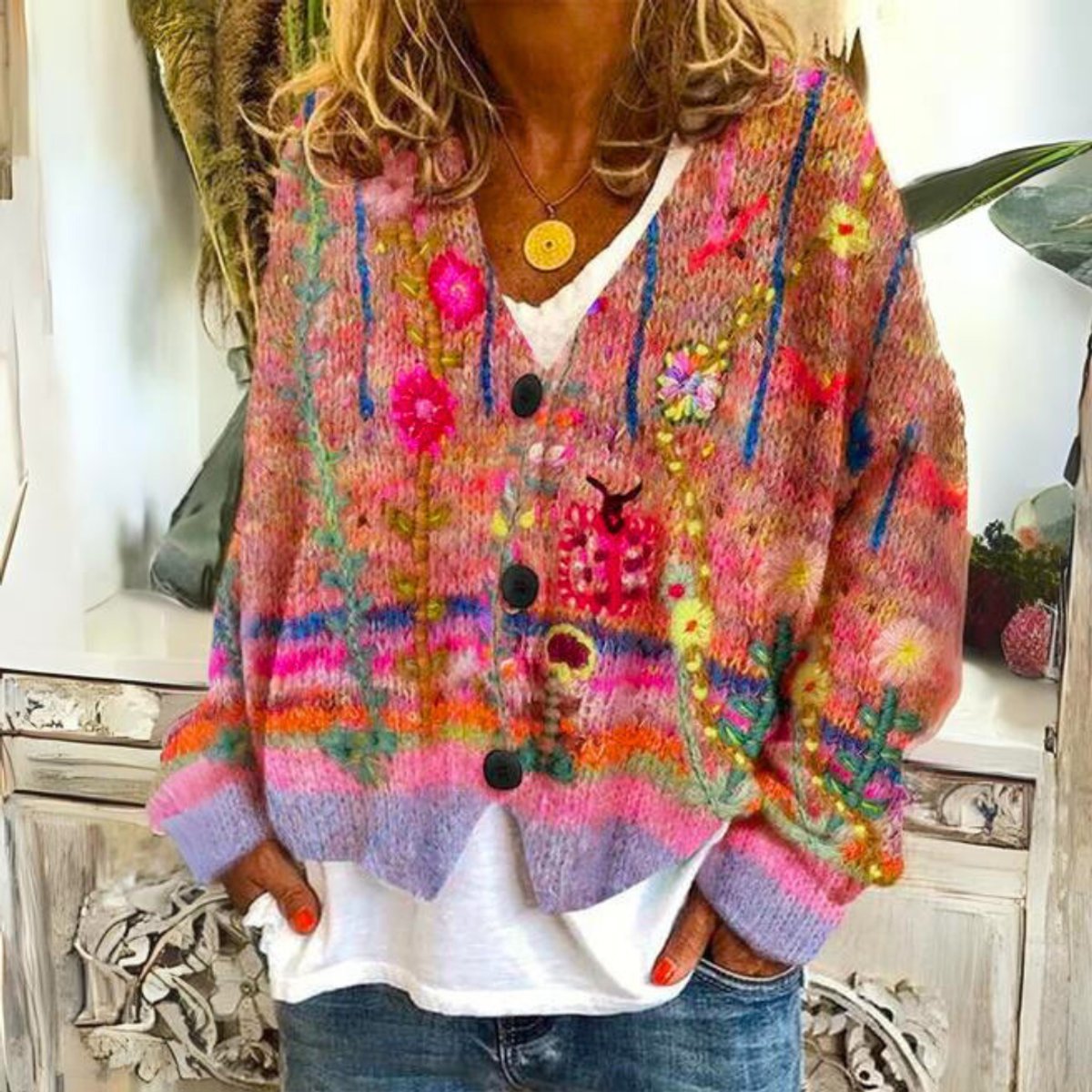 Women's Floral Embroidered Button-Front Cardigan - Red