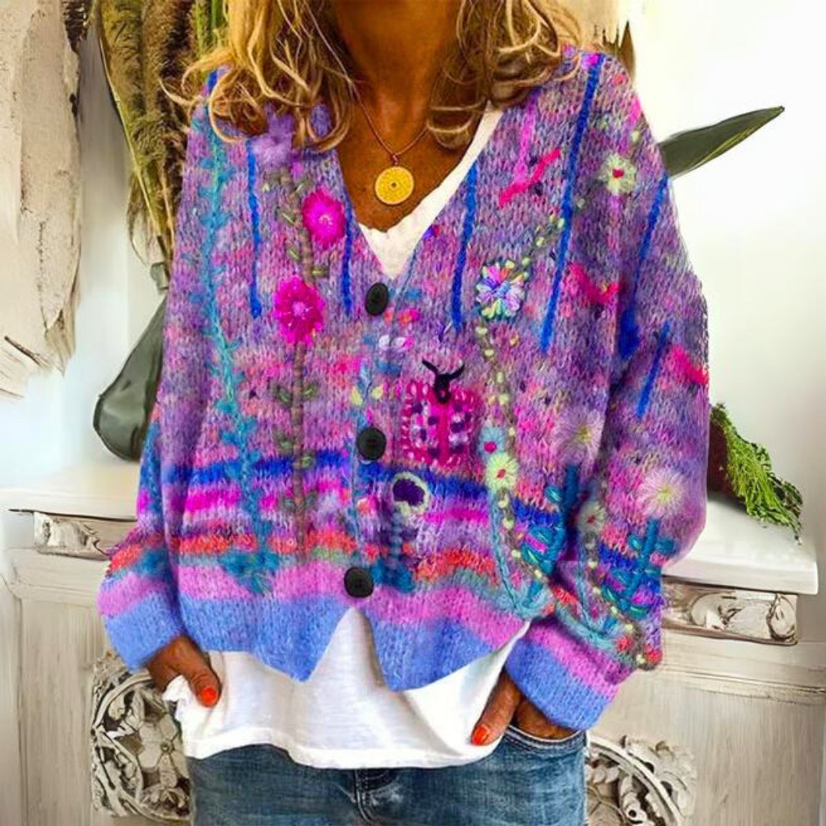 Women's Floral Embroidered Button-Front Cardigan - Purple
