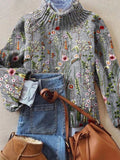 Women's Floral Embroidered Turtleneck Sweater Relaxed Knit Pullover - Multicolor