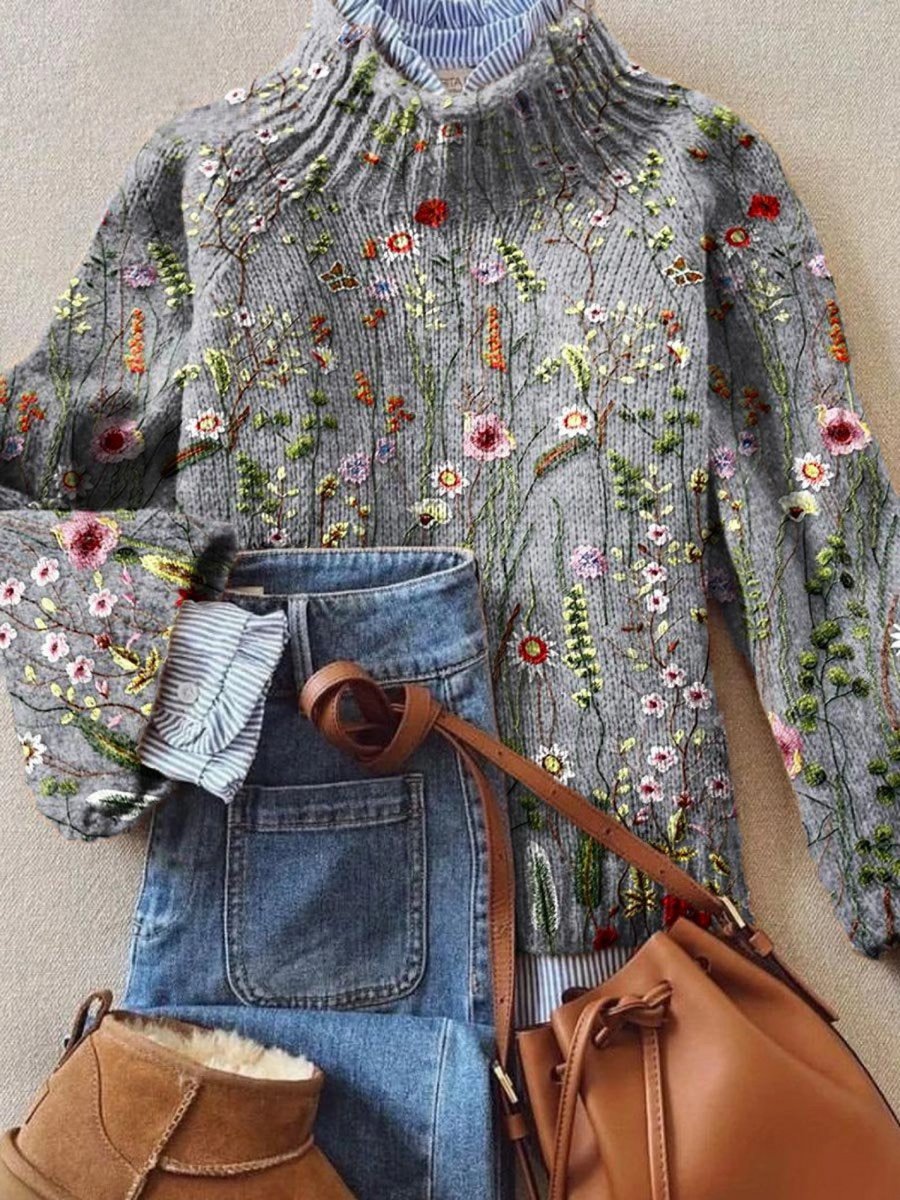 Women's Floral Embroidered Turtleneck Sweater Relaxed Knit Pullover