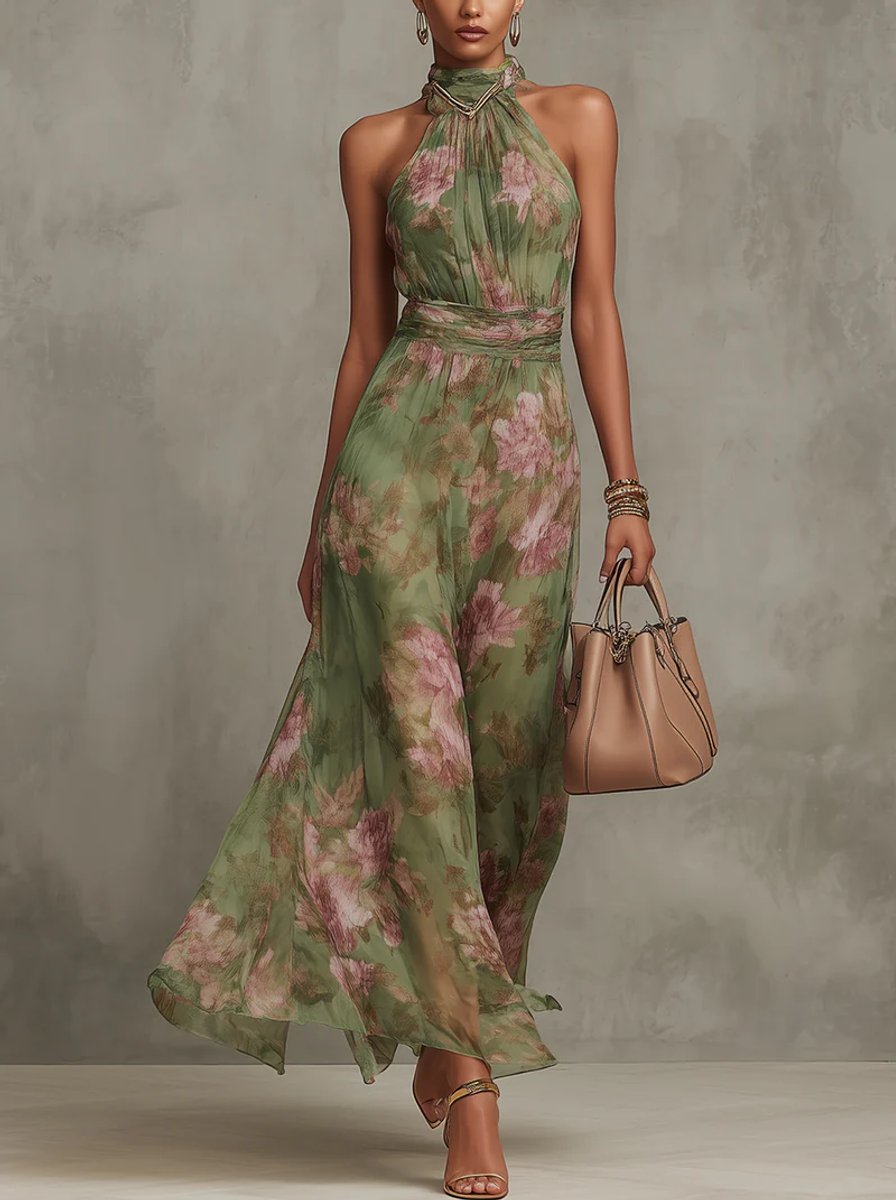 Women's Floral Halter Neck Midi Dress