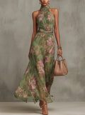 Women's Floral Halter Neck Midi Dress - Green Floral Print