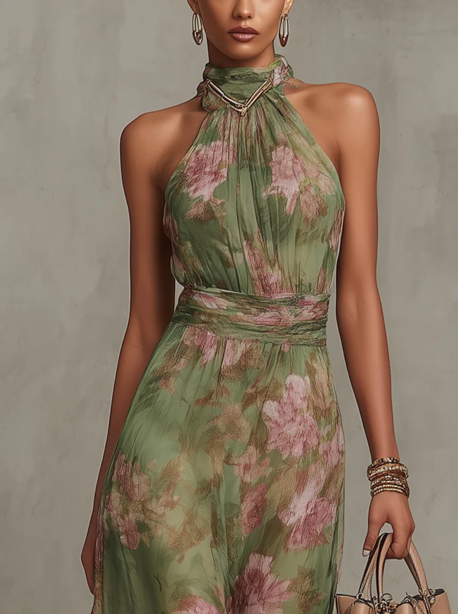 Women's Floral Halter Neck Midi Dress