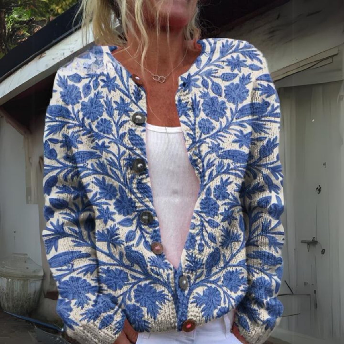 Women's Floral Knit Button-Front Cardigan - Blue