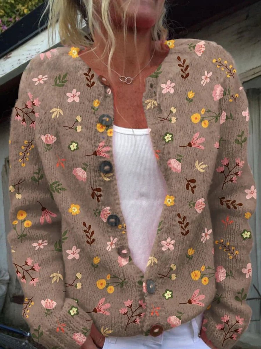 Women's Floral Knit Button-Front Cardigan - Brown