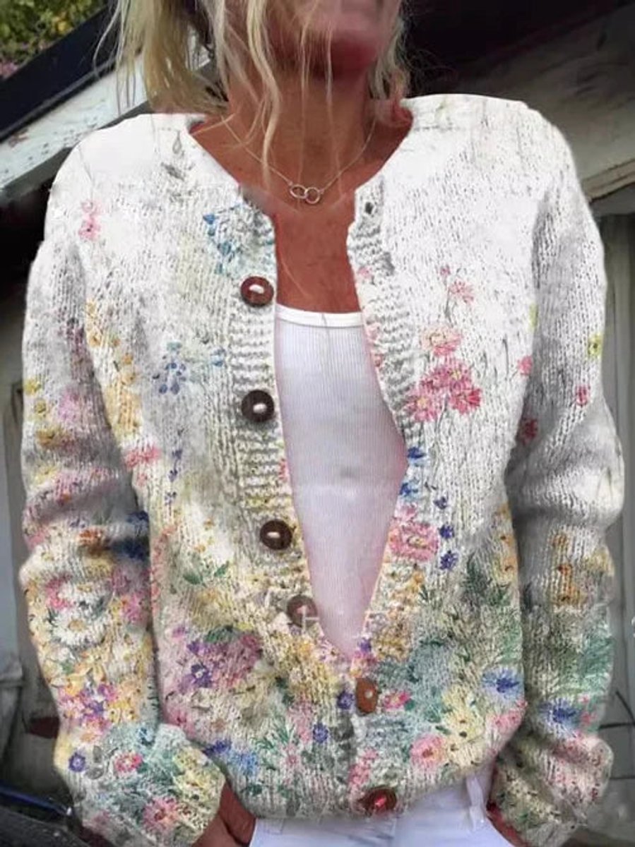 Women's Floral Knit Button-Front Cardigan - White