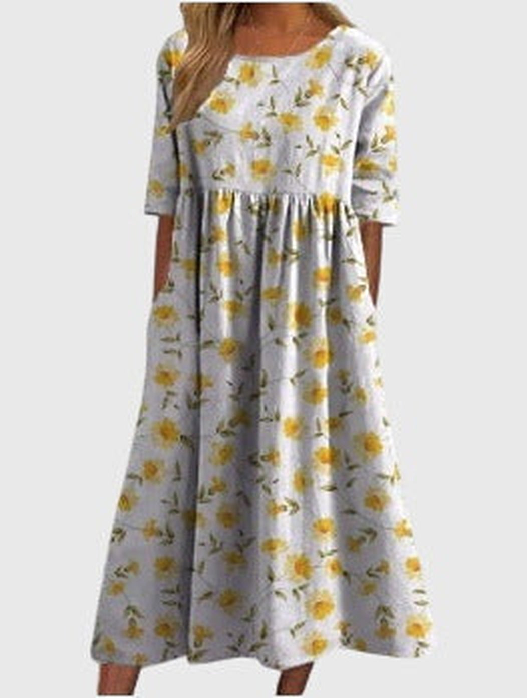Women's Navy Blue Floral Midi Dress - Light Yellow
