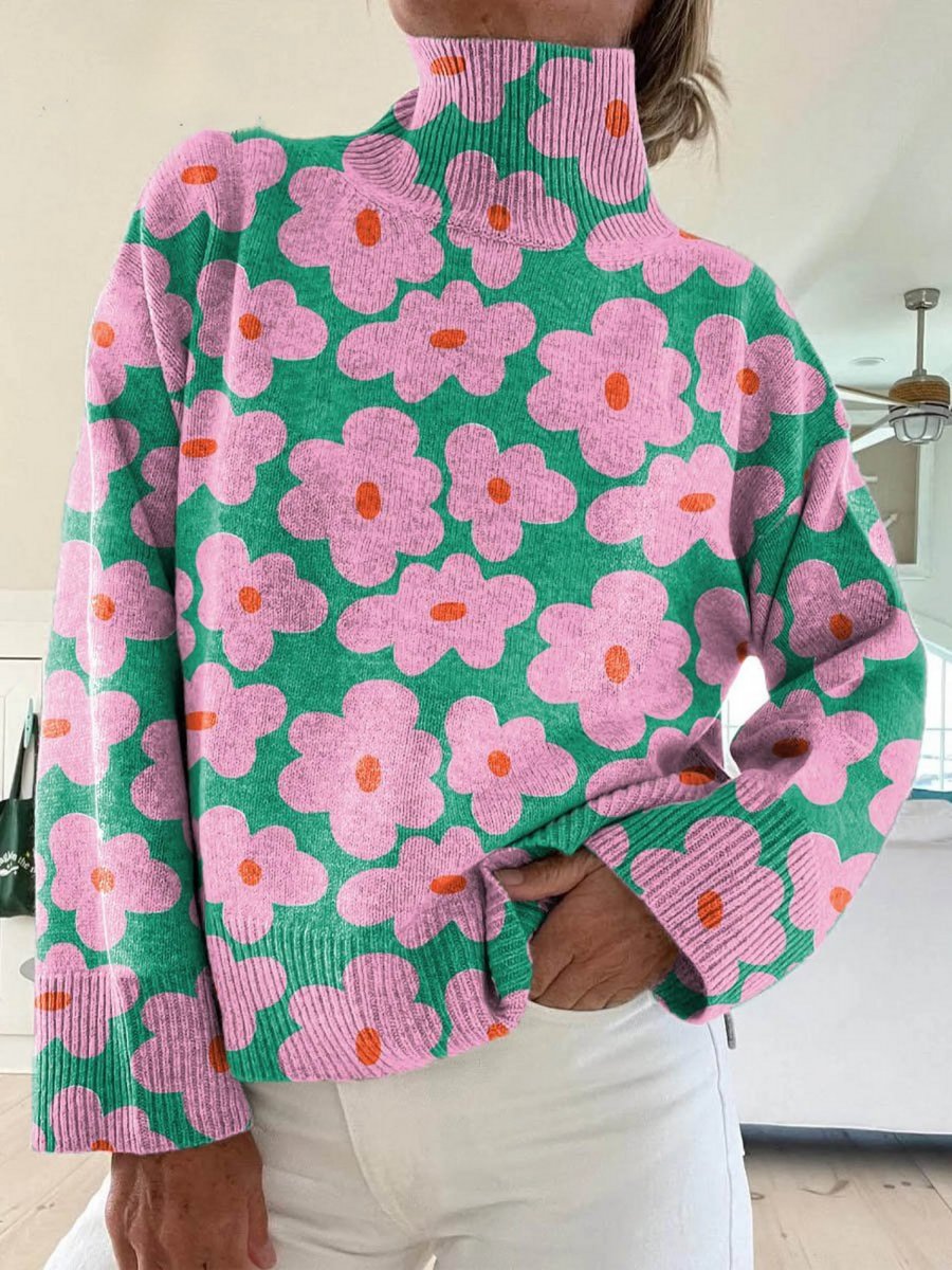 Women's Floral Print Relaxed-Fit Turtleneck Sweater