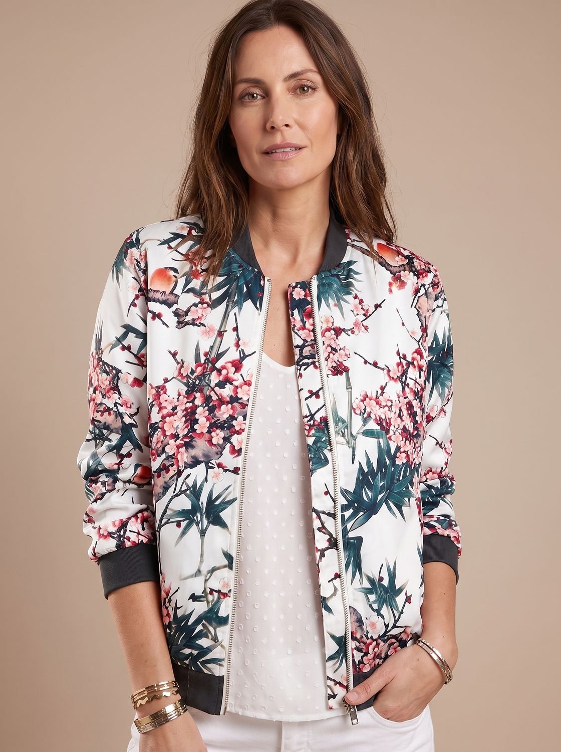 Women's Cherry Blossom Print Zip-Up Bomber Jacket - Off-white
