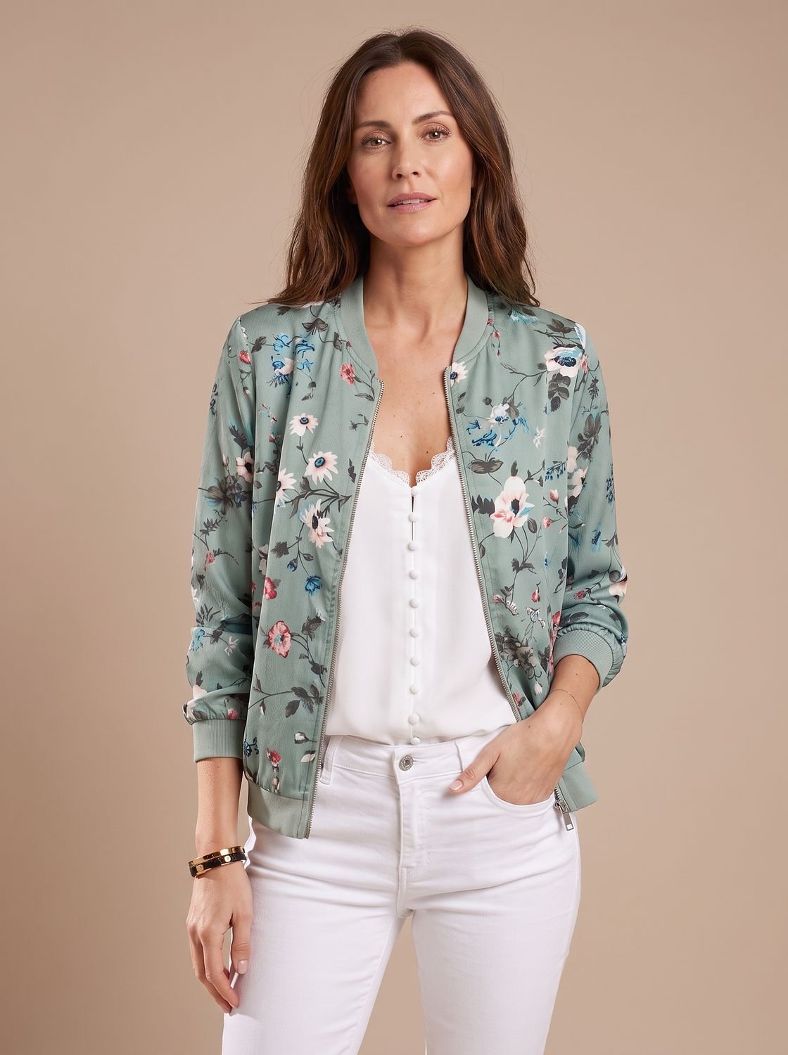 Women's Cherry Blossom Print Zip-Up Bomber Jacket - Green