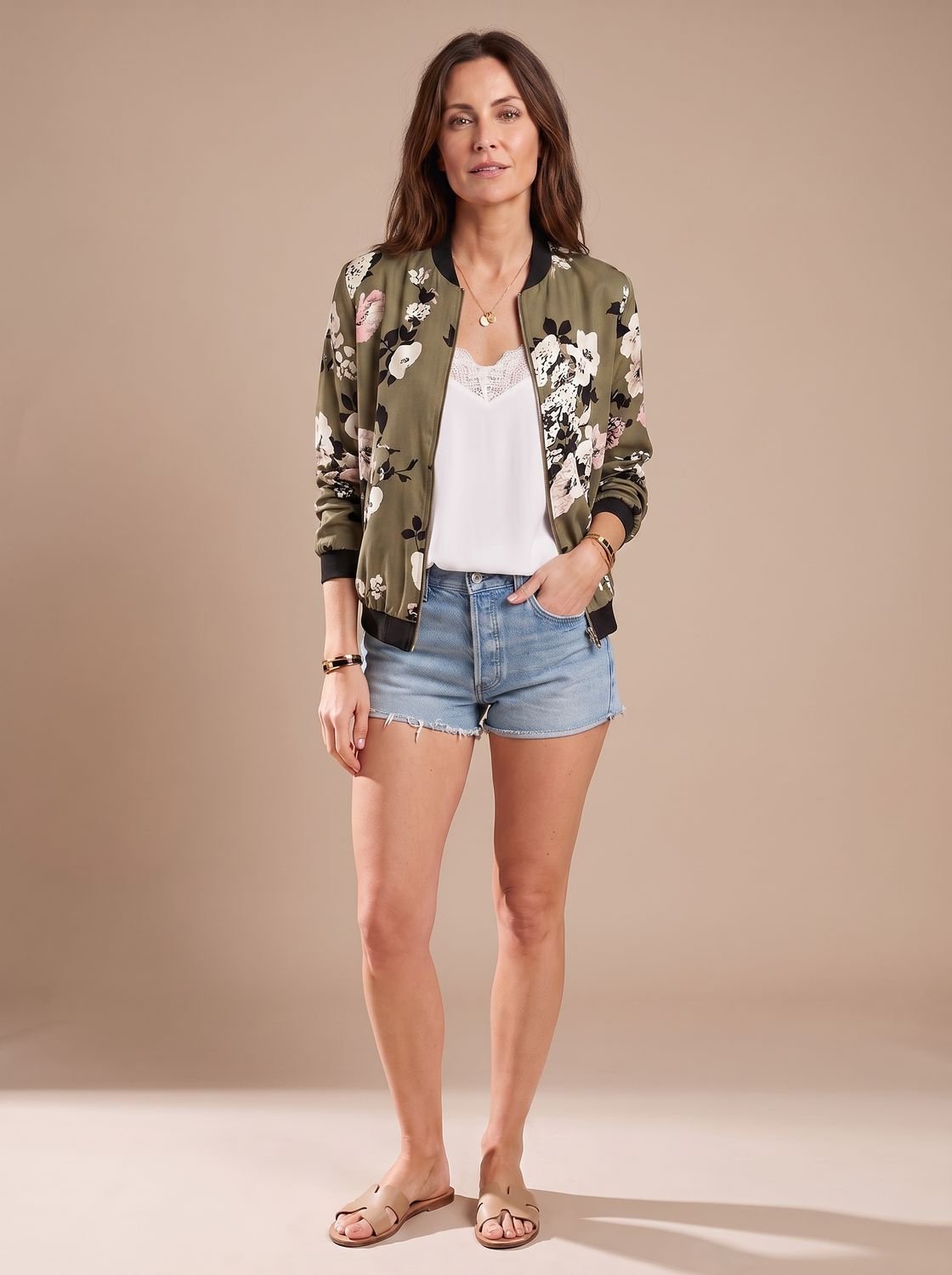 Women's Cherry Blossom Print Zip-Up Bomber Jacket - Army Green