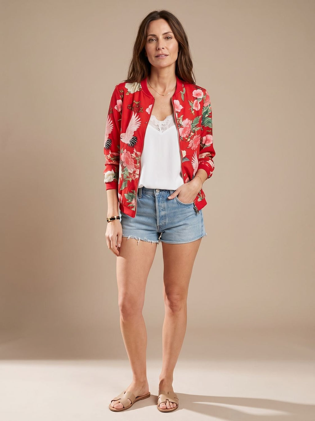 Women's Cherry Blossom Print Zip-Up Bomber Jacket - White