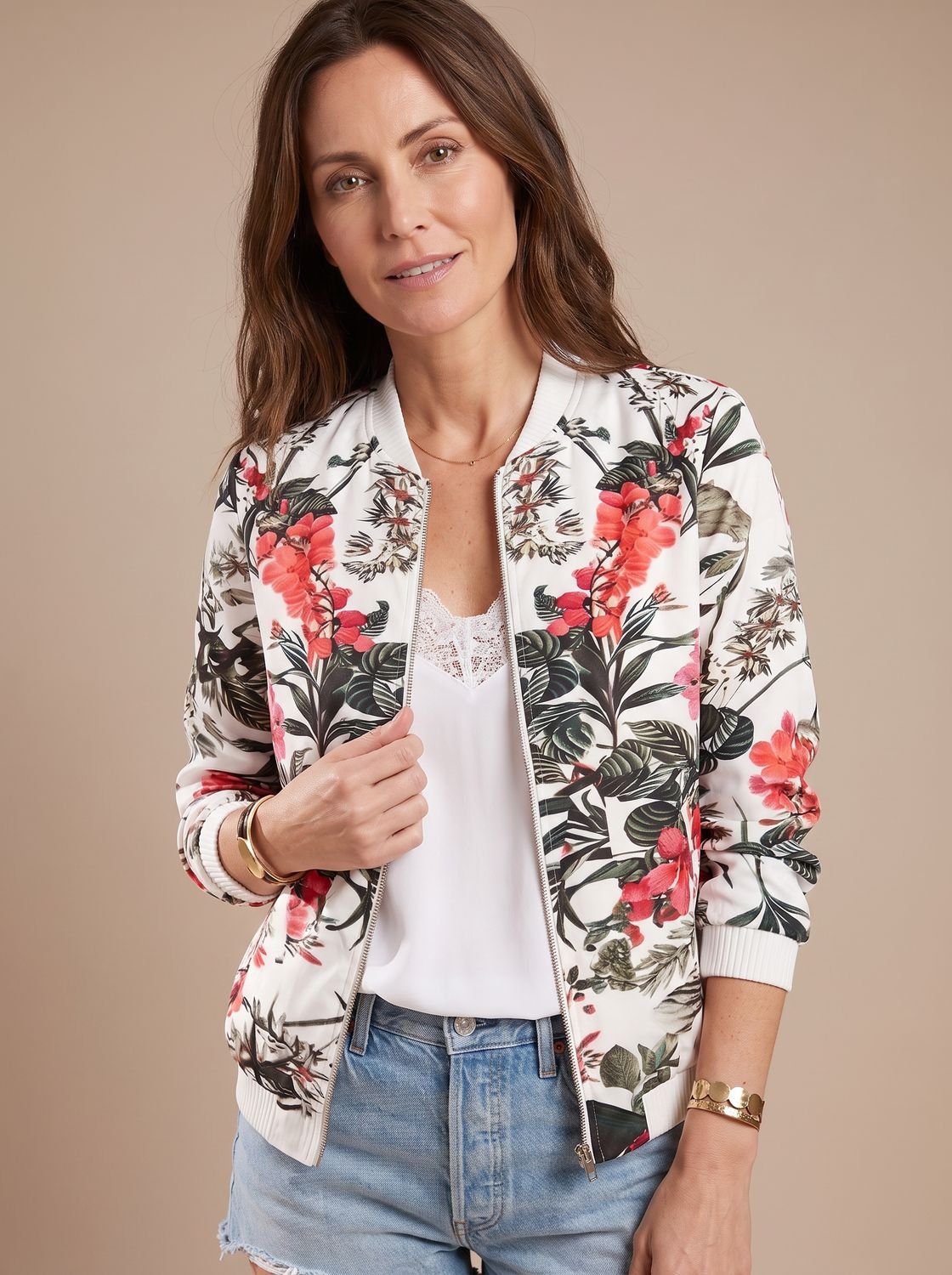 Women's Cherry Blossom Print Zip-Up Bomber Jacket - Red