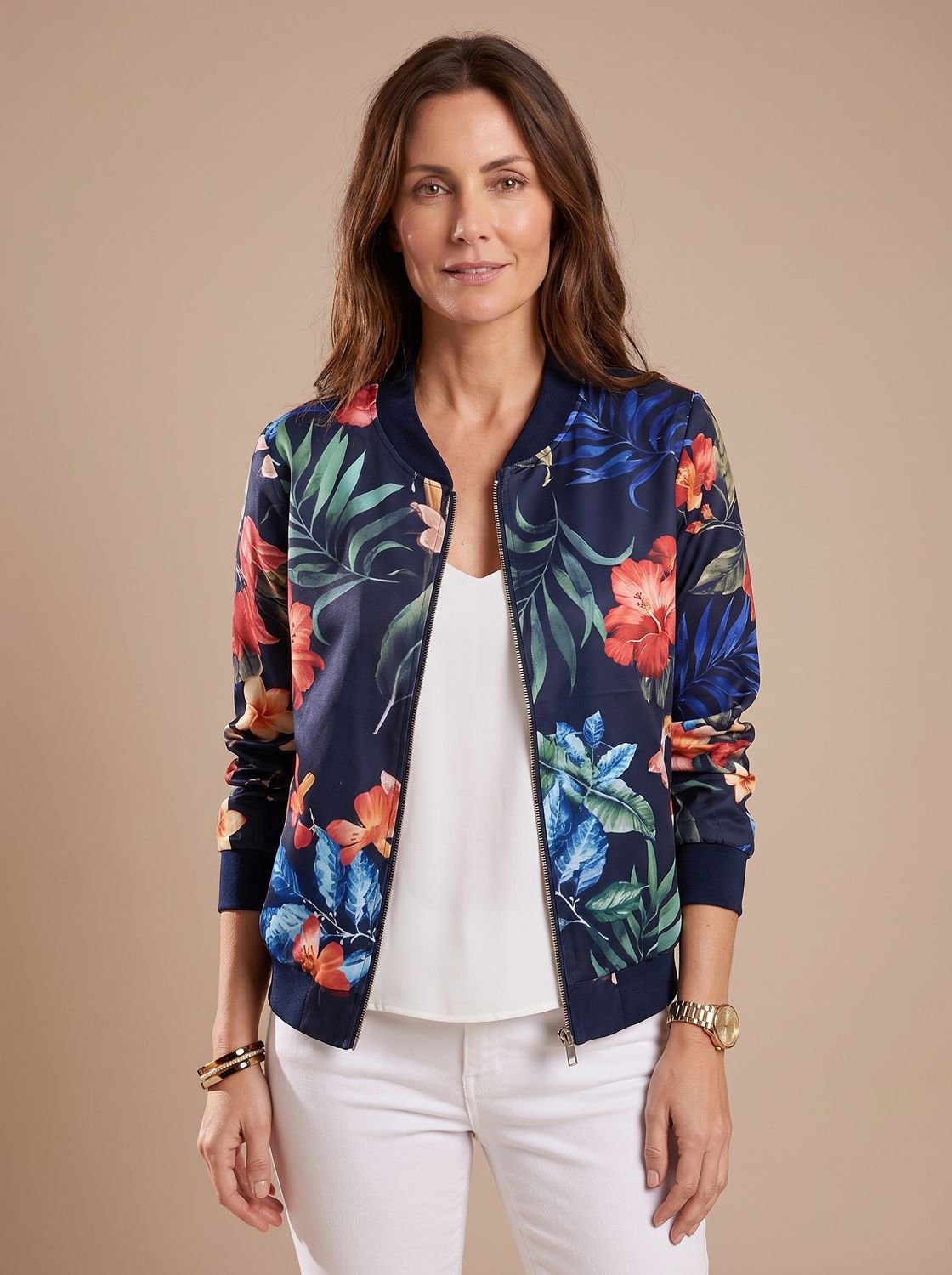 Women's Cherry Blossom Print Zip-Up Bomber Jacket - Blue