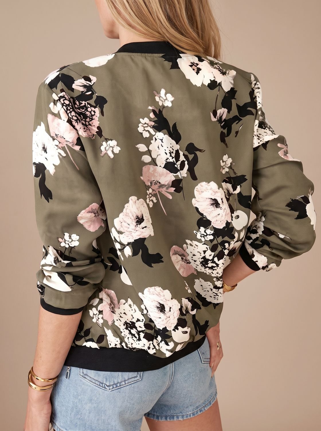 Women's Cherry Blossom Print Zip-Up Bomber Jacket