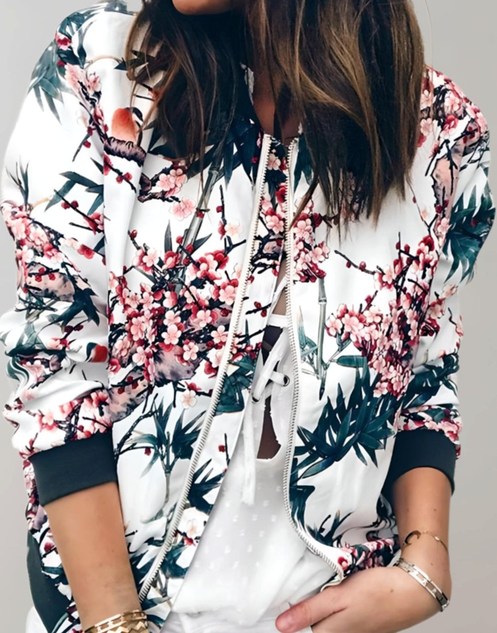 Women's Cherry Blossom Floral Zip-Up Bomber Jacket - White