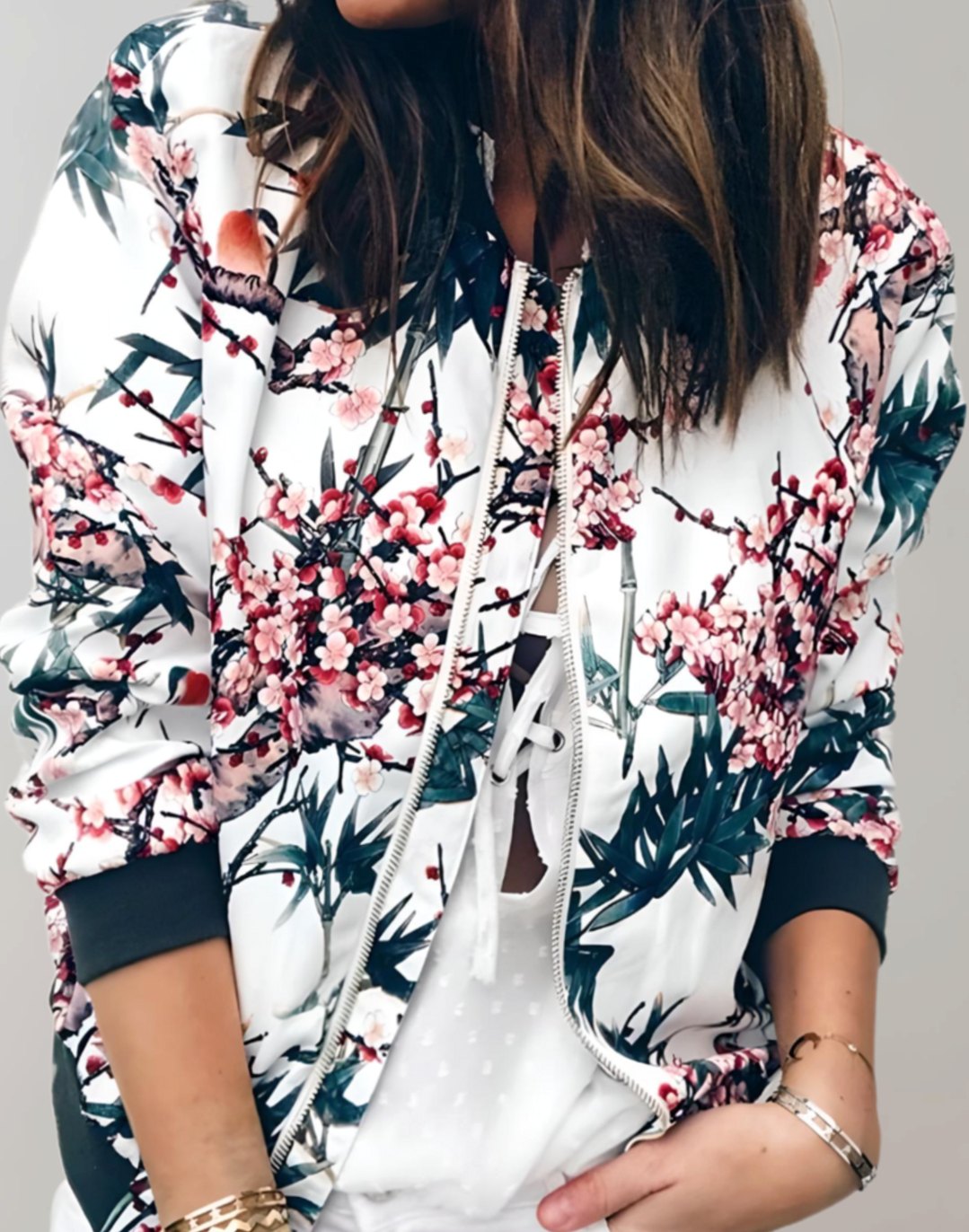 Women's Cherry Blossom Floral Zip-Up Bomber Jacket - White
