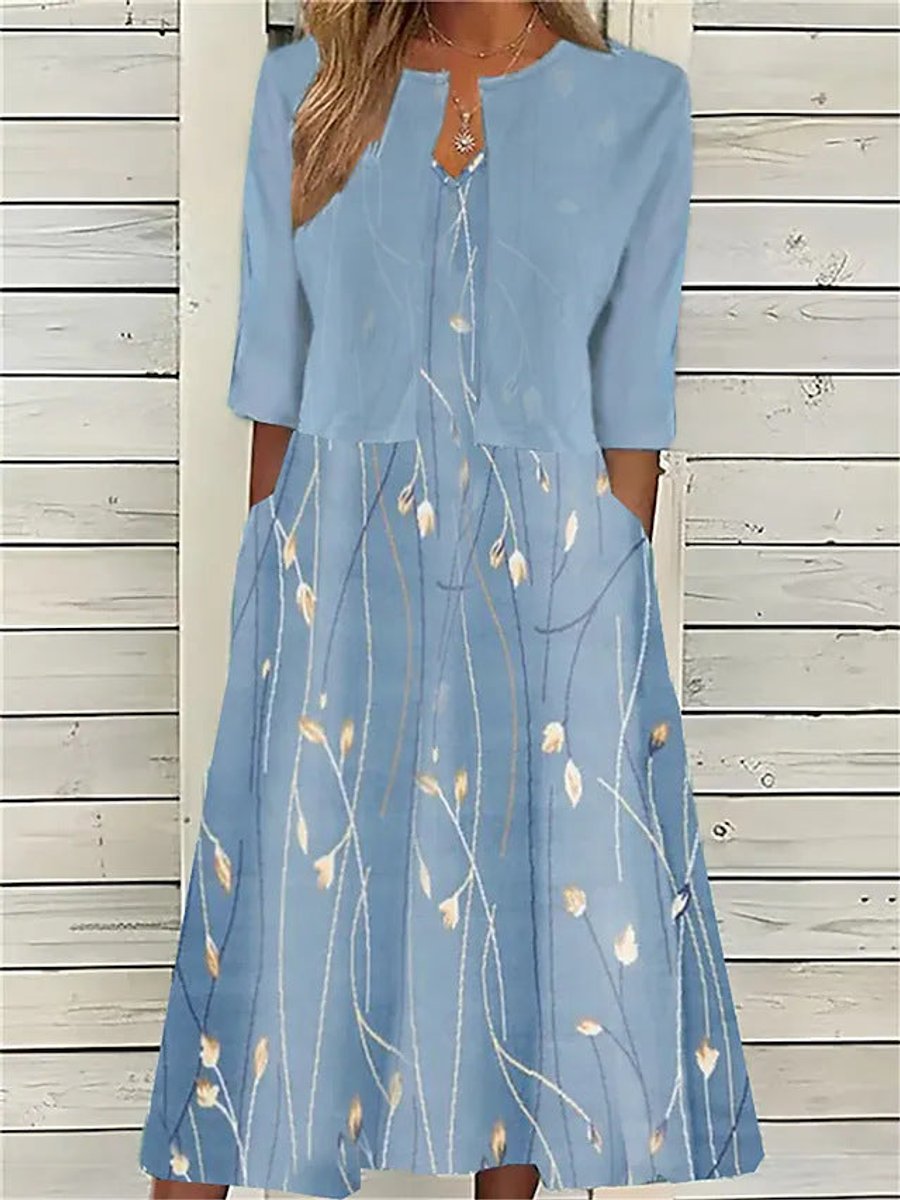 Women's Floral 3/4 Sleeve Two-Piece Midi Dress
