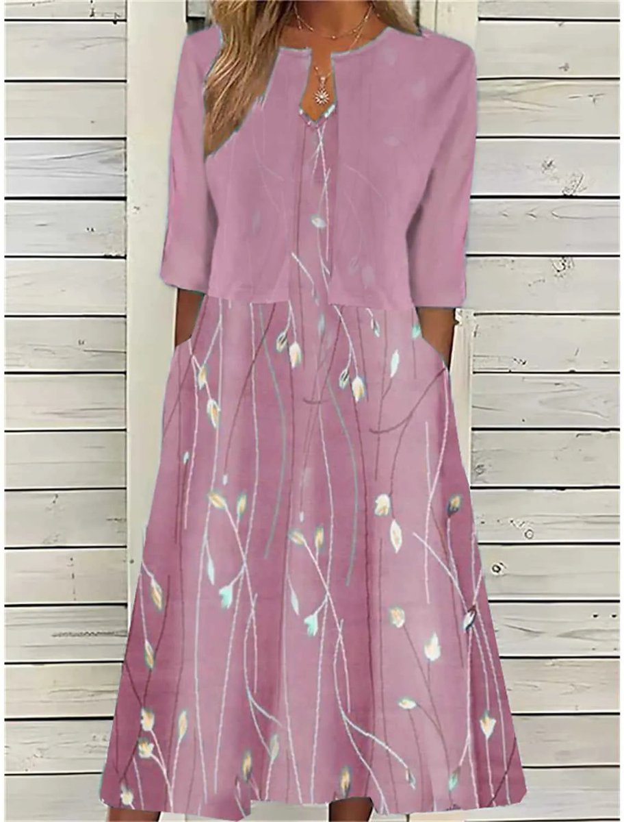 Women's Floral 3/4 Sleeve Two-Piece Midi Dress
